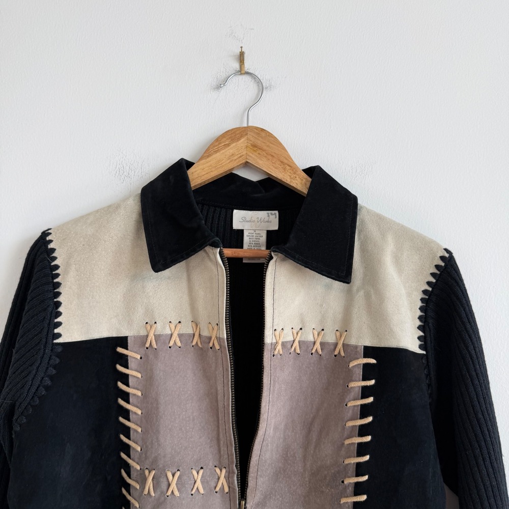 Vintage‎ Y2K Suede Patchwork Whipstitch Sweater Jacket Size Medium - Picture 3 of 9